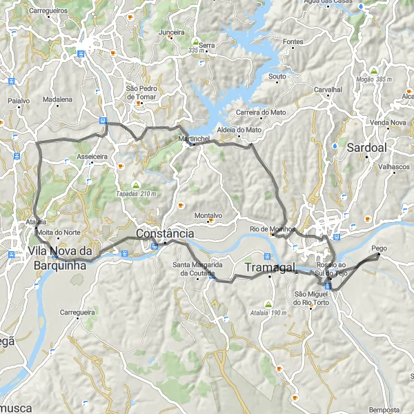 Miniatura do mapa de inspiração para ciclismo "Rota de Estrada Pego - Fortim do Caneiro - Santa Margarida da Coutada - Barquinha - Vila Nova da Barquinha - Martinchel - Viewpoint Aldeia do Mato - Mourões" em Centro (PT), Portugal. Gerado pelo planejador de rotas de ciclismo Tarmacs.app