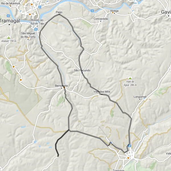 Miniatura do mapa de inspiração para ciclismo "Rota de Estrada Pego - Colos - Ponte de Sor - Bemposta" em Centro (PT), Portugal. Gerado pelo planejador de rotas de ciclismo Tarmacs.app