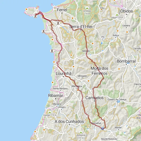 Miniatura do mapa de inspiração para ciclismo "Caminho de Gravel pela Costa Oeste" em Centro (PT), Portugal. Gerado pelo planejador de rotas de ciclismo Tarmacs.app