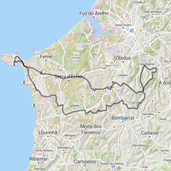 Miniatura do mapa de inspiração para ciclismo "Circuito das Colinas de Peniche" em Centro (PT), Portugal. Gerado pelo planejador de rotas de ciclismo Tarmacs.app