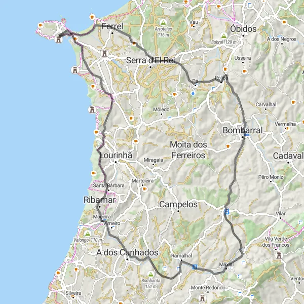Miniatura do mapa de inspiração para ciclismo "Circuito da Costa de Peniche" em Centro (PT), Portugal. Gerado pelo planejador de rotas de ciclismo Tarmacs.app