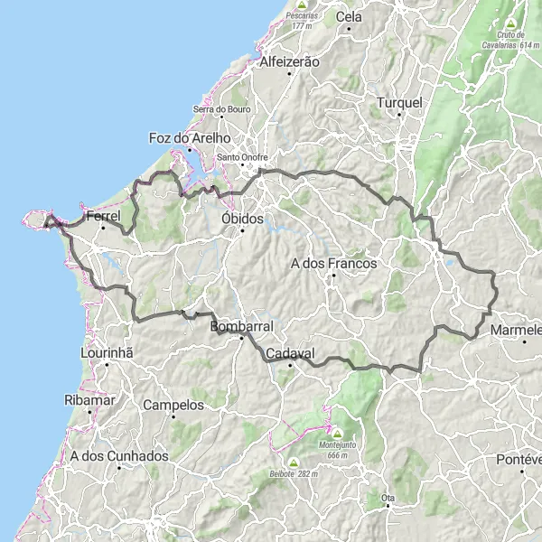 Miniatura do mapa de inspiração para ciclismo "Rota Rodoviária da Região Oeste" em Centro (PT), Portugal. Gerado pelo planejador de rotas de ciclismo Tarmacs.app