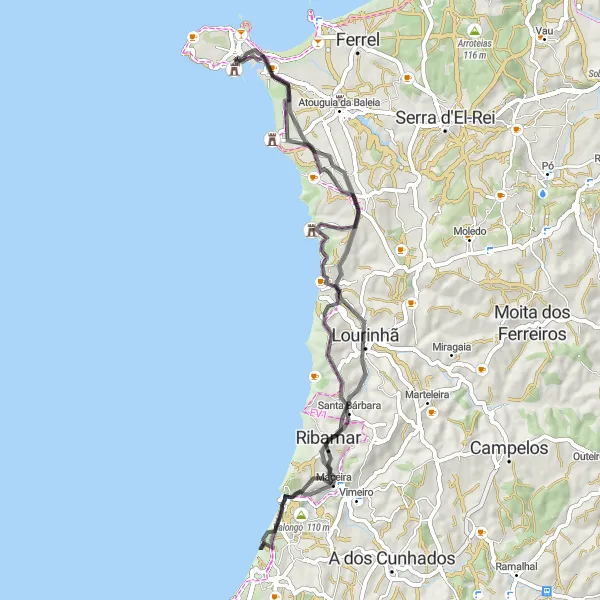 Map miniature of "Exploring the Treasures of Peniche" cycling inspiration in Centro (PT), Portugal. Generated by Tarmacs.app cycling route planner