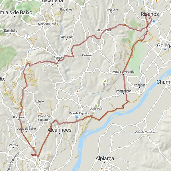 Map miniature of "Riachos to Romeira and Alcorochel" cycling inspiration in Centro (PT), Portugal. Generated by Tarmacs.app cycling route planner