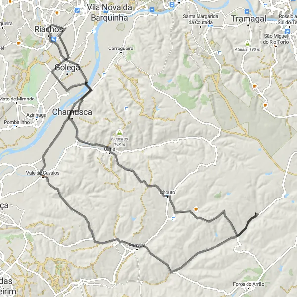 Map miniature of "Riachos to Chouto and Golegã" cycling inspiration in Centro (PT), Portugal. Generated by Tarmacs.app cycling route planner