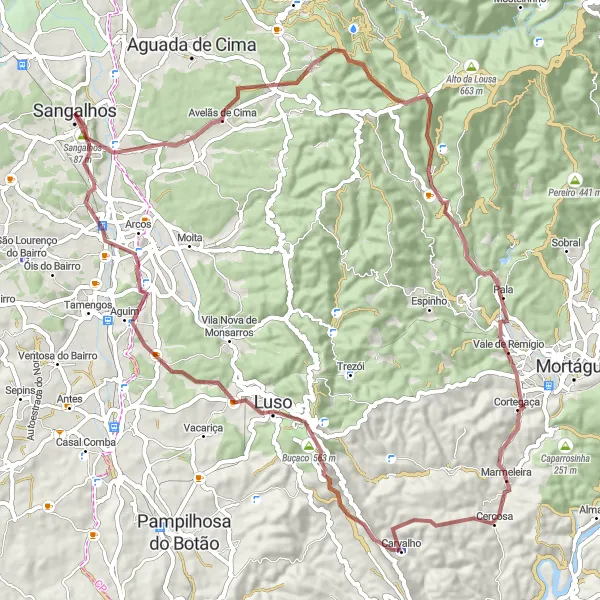 Miniatura do mapa de inspiração para ciclismo "Rota Desafiadora de 75km partindo de Sangalhos" em Centro (PT), Portugal. Gerado pelo planejador de rotas de ciclismo Tarmacs.app