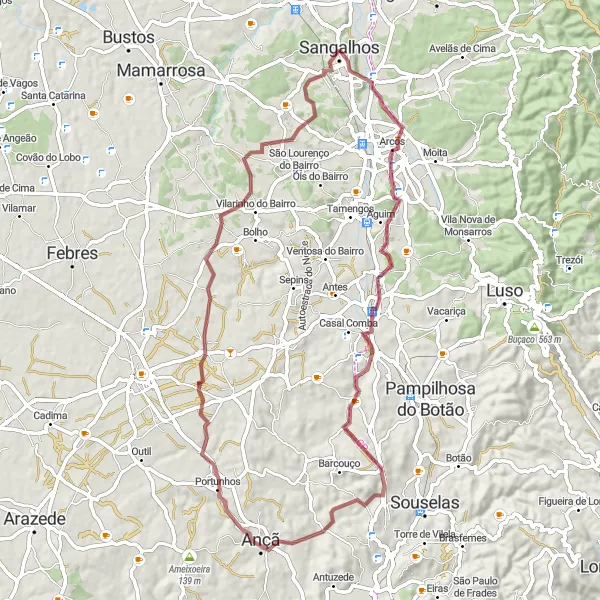 Miniatura do mapa de inspiração para ciclismo "Rota de Gravel de 69km nas proximidades de Sangalhos" em Centro (PT), Portugal. Gerado pelo planejador de rotas de ciclismo Tarmacs.app