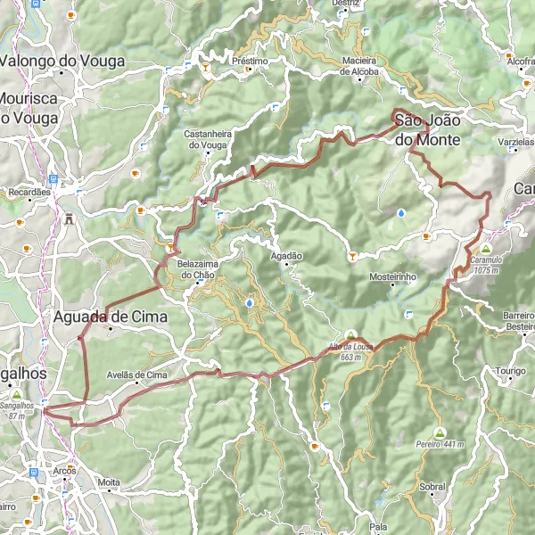 Miniatura do mapa de inspiração para ciclismo "Aventura de Gravel de 73km partindo de Sangalhos" em Centro (PT), Portugal. Gerado pelo planejador de rotas de ciclismo Tarmacs.app
