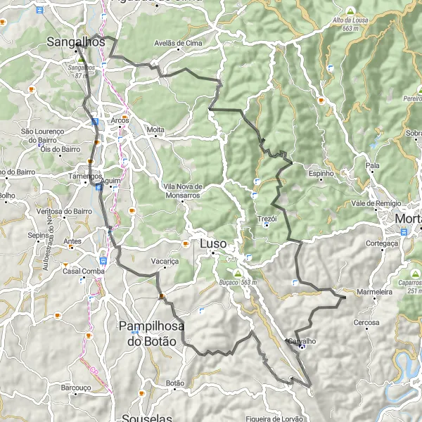 Miniatura do mapa de inspiração para ciclismo "Desafio Montanhoso até Sangalhos" em Centro (PT), Portugal. Gerado pelo planejador de rotas de ciclismo Tarmacs.app