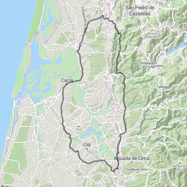 Miniatura do mapa de inspiração para ciclismo "Rota Desafiadora de 105km perto de Sangalhos" em Centro (PT), Portugal. Gerado pelo planejador de rotas de ciclismo Tarmacs.app