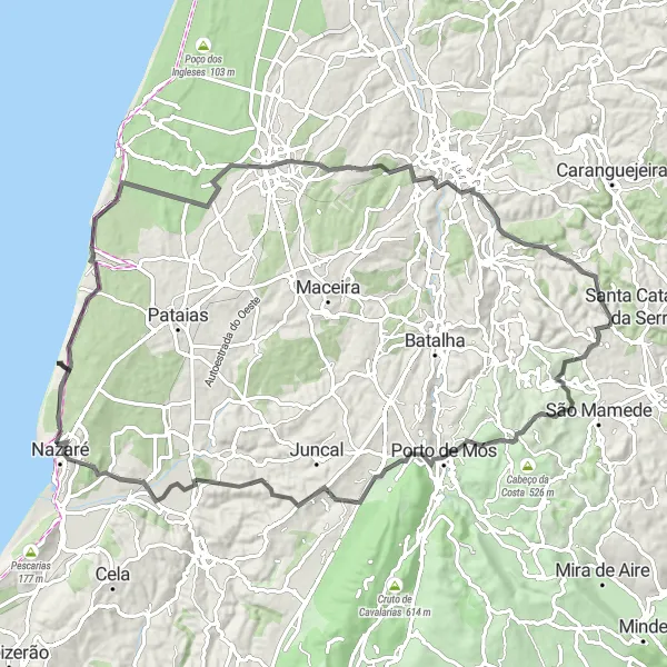 Miniatura do mapa de inspiração para ciclismo "Rota das Maravilhas de Leiria" em Centro (PT), Portugal. Gerado pelo planejador de rotas de ciclismo Tarmacs.app