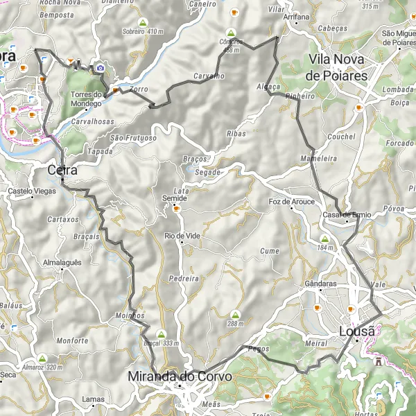 Map miniature of "Roads of Lousã" cycling inspiration in Centro (PT), Portugal. Generated by Tarmacs.app cycling route planner