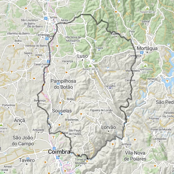 Map miniature of "Exploring Coimbra's Countryside" cycling inspiration in Centro (PT), Portugal. Generated by Tarmacs.app cycling route planner