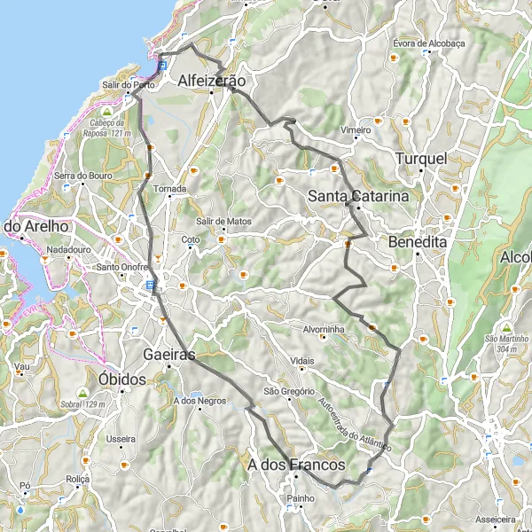 Miniatura do mapa de inspiração para ciclismo "Rota dos Encantos de Caldas da Rainha" em Centro (PT), Portugal. Gerado pelo planejador de rotas de ciclismo Tarmacs.app
