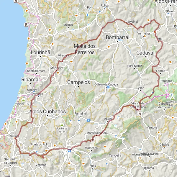 Map miniature of "Silveira to Bordinheira Gravel Cycling Route" cycling inspiration in Centro (PT), Portugal. Generated by Tarmacs.app cycling route planner