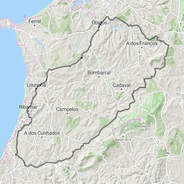 Map miniature of "Silveira to Secarias Road Cycling Route" cycling inspiration in Centro (PT), Portugal. Generated by Tarmacs.app cycling route planner