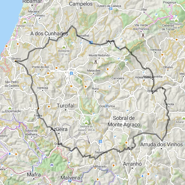 Map miniature of "Ramalhal Escape" cycling inspiration in Centro (PT), Portugal. Generated by Tarmacs.app cycling route planner