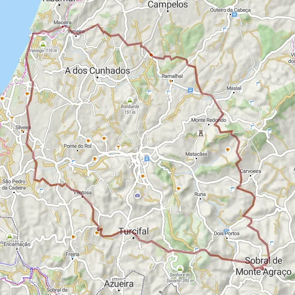 Map miniature of "Hidden Gems of Sobral" cycling inspiration in Centro (PT), Portugal. Generated by Tarmacs.app cycling route planner