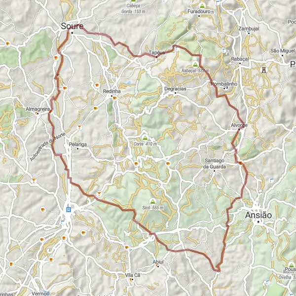 Miniatura do mapa de inspiração para ciclismo "Tapéus to Soure Gravel Route" em Centro (PT), Portugal. Gerado pelo planejador de rotas de ciclismo Tarmacs.app