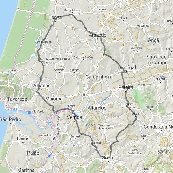 Miniatura do mapa de inspiração para ciclismo "Volta de Ciclismo por Soure - Estrada" em Centro (PT), Portugal. Gerado pelo planejador de rotas de ciclismo Tarmacs.app