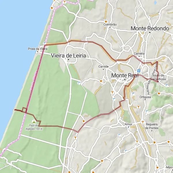 Miniatura do mapa de inspiração para ciclismo "Rota dos Pelourinhos de Monte Real" em Centro (PT), Portugal. Gerado pelo planejador de rotas de ciclismo Tarmacs.app