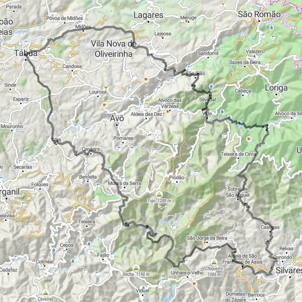 Miniatura do mapa de inspiração para ciclismo "Expansiva Rota Ciclística Tábua - São João da Boa Vista" em Centro (PT), Portugal. Gerado pelo planejador de rotas de ciclismo Tarmacs.app