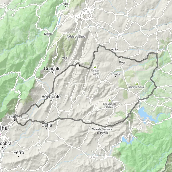 Map miniature of "Hills and Valleys of Teixoso" cycling inspiration in Centro (PT), Portugal. Generated by Tarmacs.app cycling route planner