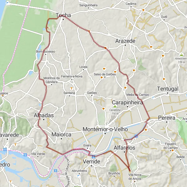 Map miniature of "The Countryside Loop: Granja do Ulmeiro to Tocha" cycling inspiration in Centro (PT), Portugal. Generated by Tarmacs.app cycling route planner