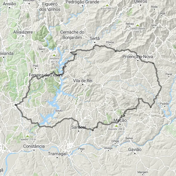 Miniatura do mapa de inspiração para ciclismo "Caminho das Aldeias Ribatejanas" em Centro (PT), Portugal. Gerado pelo planejador de rotas de ciclismo Tarmacs.app