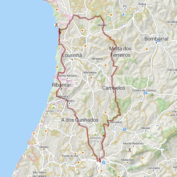 Miniatura do mapa de inspiração para ciclismo "Rota da Costa Gravel" em Centro (PT), Portugal. Gerado pelo planejador de rotas de ciclismo Tarmacs.app