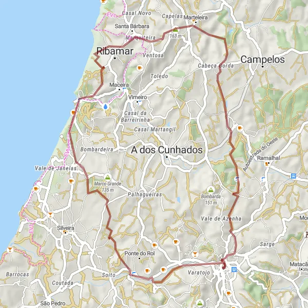 Miniatura do mapa de inspiração para ciclismo "Rota do Marco Grande" em Centro (PT), Portugal. Gerado pelo planejador de rotas de ciclismo Tarmacs.app