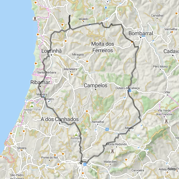 Miniatura do mapa de inspiração para ciclismo "Volta Rápida pela Lourinhã" em Centro (PT), Portugal. Gerado pelo planejador de rotas de ciclismo Tarmacs.app