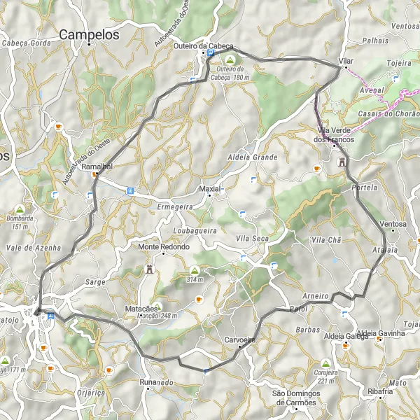 Miniatura do mapa de inspiração para ciclismo "Circuito das Colinas de Torres" em Centro (PT), Portugal. Gerado pelo planejador de rotas de ciclismo Tarmacs.app