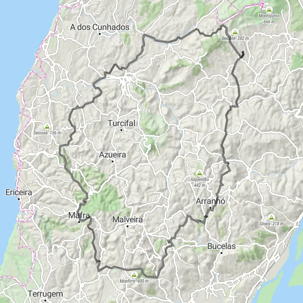 Miniatura do mapa de inspiração para ciclismo "Caminho das colinas e planícies" em Centro (PT), Portugal. Gerado pelo planejador de rotas de ciclismo Tarmacs.app