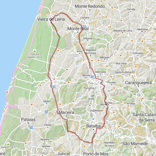 Map miniature of "Calvaria de Cima and Marinha Grande Loop" cycling inspiration in Centro (PT), Portugal. Generated by Tarmacs.app cycling route planner