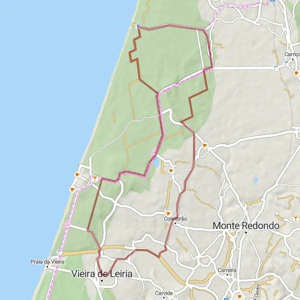 Miniatura do mapa de inspiração para ciclismo "Trilho pela Costa Atlântica" em Centro (PT), Portugal. Gerado pelo planejador de rotas de ciclismo Tarmacs.app