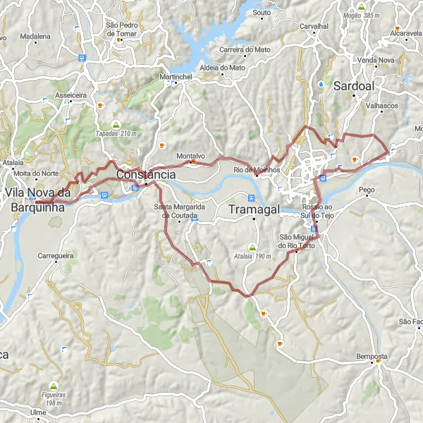 Miniatura do mapa de inspiração para ciclismo "Descoberta Rural de Barquinha em Gravel" em Centro (PT), Portugal. Gerado pelo planejador de rotas de ciclismo Tarmacs.app