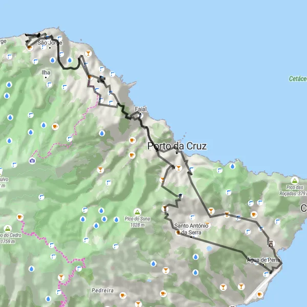 Miniatura do mapa de inspiração para ciclismo "Rota Cênica por São Jorge e Machico" em Região Autónoma da Madeira, Portugal. Gerado pelo planejador de rotas de ciclismo Tarmacs.app