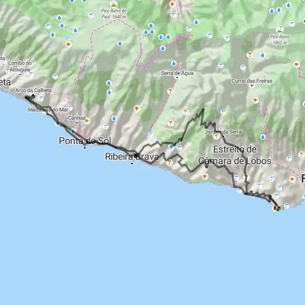 Miniatura do mapa de inspiração para ciclismo "Ciclo pela Costa Sul até Ponta do Sol" em Região Autónoma da Madeira, Portugal. Gerado pelo planejador de rotas de ciclismo Tarmacs.app