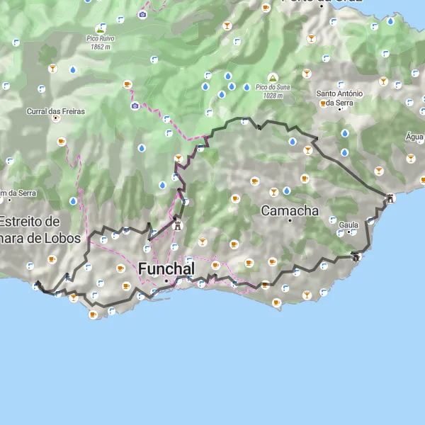 Miniatura do mapa de inspiração para ciclismo "Rota de Ciclismo de Estrada com 61km perto de Câmara de Lobos" em Região Autónoma da Madeira, Portugal. Gerado pelo planejador de rotas de ciclismo Tarmacs.app
