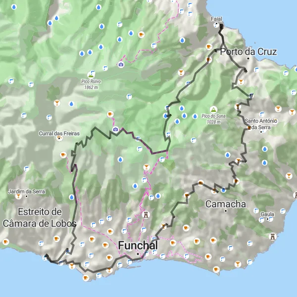 Miniatura do mapa de inspiração para ciclismo "Desafio de Estrada até Pico da Torre" em Região Autónoma da Madeira, Portugal. Gerado pelo planejador de rotas de ciclismo Tarmacs.app