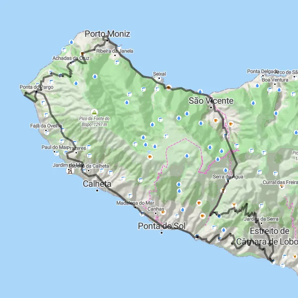 Miniatura do mapa de inspiração para ciclismo "Ciclismo em Estrada até Porto Moniz" em Região Autónoma da Madeira, Portugal. Gerado pelo planejador de rotas de ciclismo Tarmacs.app