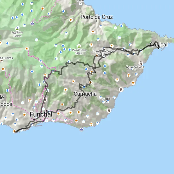 Miniatura do mapa de inspiração para ciclismo "Volta das Levadas de Caniçal" em Região Autónoma da Madeira, Portugal. Gerado pelo planejador de rotas de ciclismo Tarmacs.app