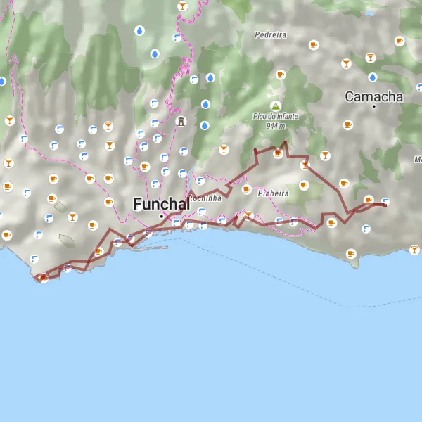 Miniatura do mapa de inspiração para ciclismo "Trilho de Gravel de Caniço" em Região Autónoma da Madeira, Portugal. Gerado pelo planejador de rotas de ciclismo Tarmacs.app