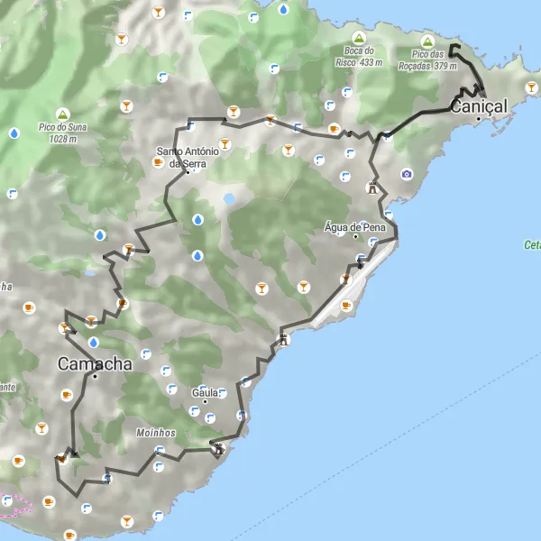 Miniatura do mapa de inspiração para ciclismo "Rota Pelas Montanhas em 55km" em Região Autónoma da Madeira, Portugal. Gerado pelo planejador de rotas de ciclismo Tarmacs.app