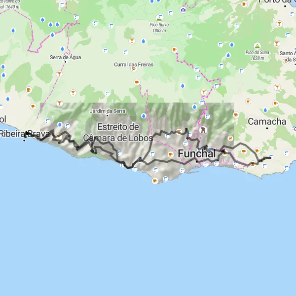 Miniatura do mapa de inspiração para ciclismo "Desafio pela Costa Oeste em 74km" em Região Autónoma da Madeira, Portugal. Gerado pelo planejador de rotas de ciclismo Tarmacs.app