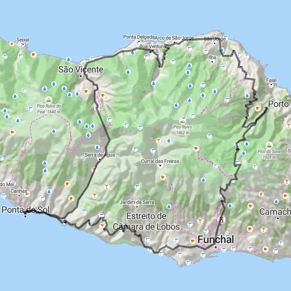 Miniatura do mapa de inspiração para ciclismo "Rota Desafiadora de Ponta de São Jorge" em Região Autónoma da Madeira, Portugal. Gerado pelo planejador de rotas de ciclismo Tarmacs.app