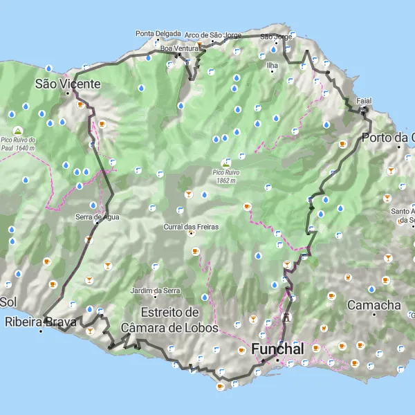 Miniatura do mapa de inspiração para ciclismo "Rota de Estrada para Santana" em Região Autónoma da Madeira, Portugal. Gerado pelo planejador de rotas de ciclismo Tarmacs.app