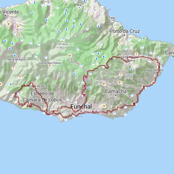 Miniatura do mapa de inspiração para ciclismo "Rota de Gravel ao Redor de Machico" em Região Autónoma da Madeira, Portugal. Gerado pelo planejador de rotas de ciclismo Tarmacs.app