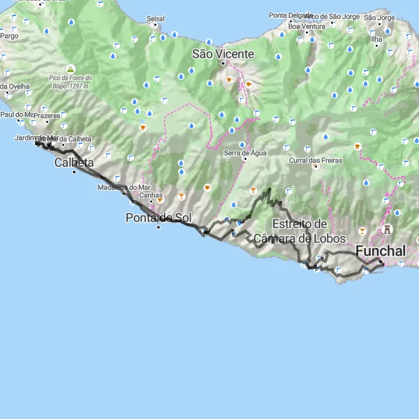 Miniatura do mapa de inspiração para ciclismo "Circuito pela Costa Oeste" em Região Autónoma da Madeira, Portugal. Gerado pelo planejador de rotas de ciclismo Tarmacs.app